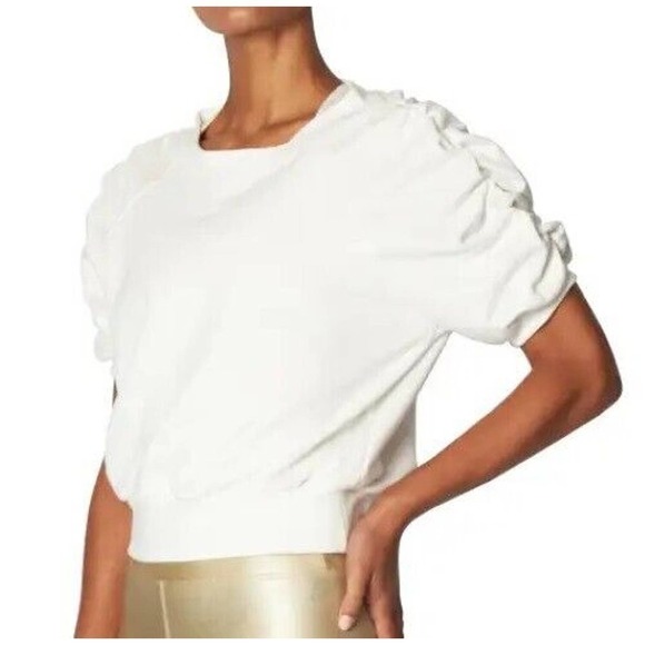 New Heroine Sport Sweater Tee XS Pullover Ivory Ruched Sleeves Terrycloth - Picture 1 of 13